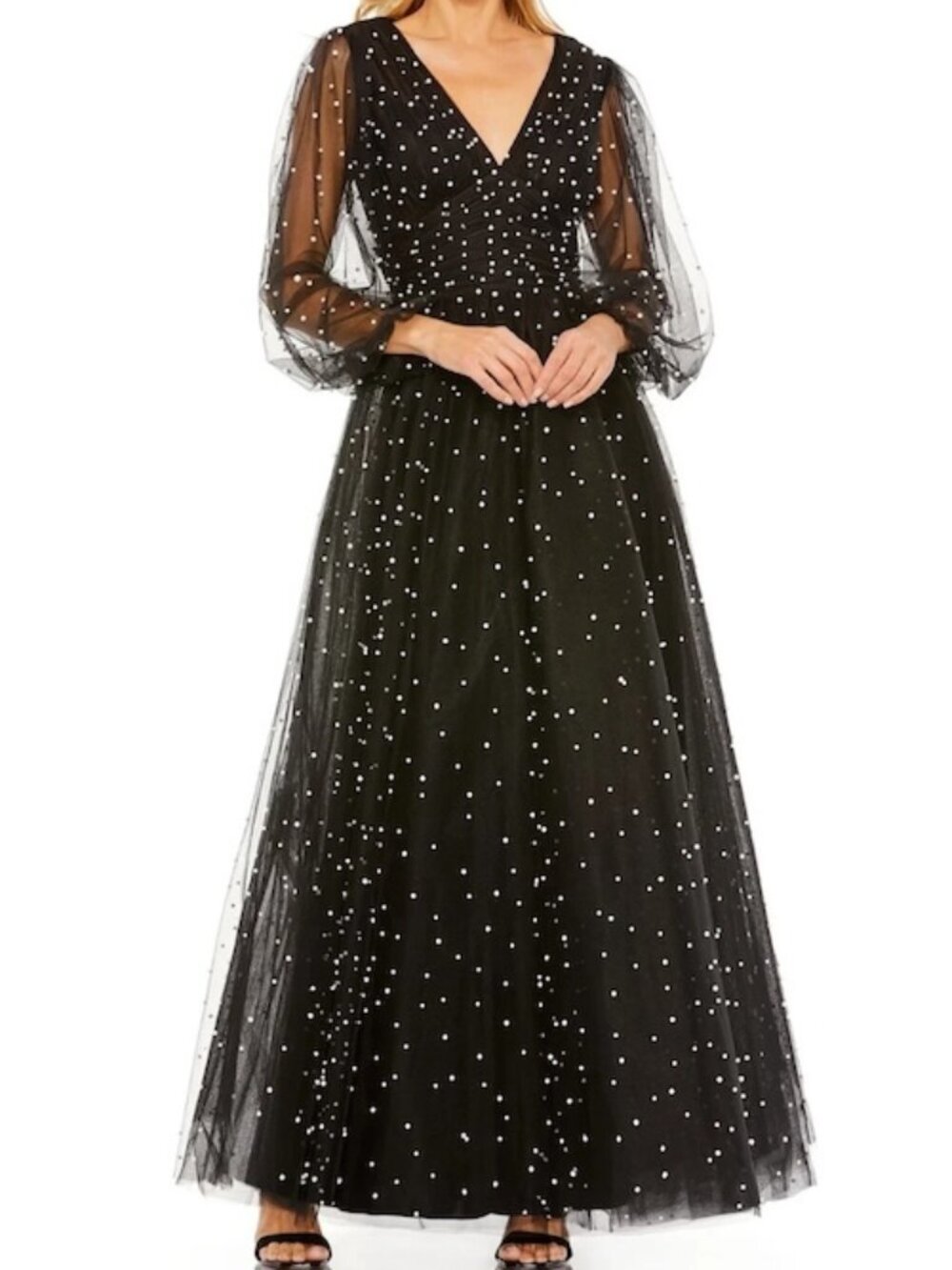 Mac Duggal Black Pearl Embellished Long Sleeve Tulle Gown Dress